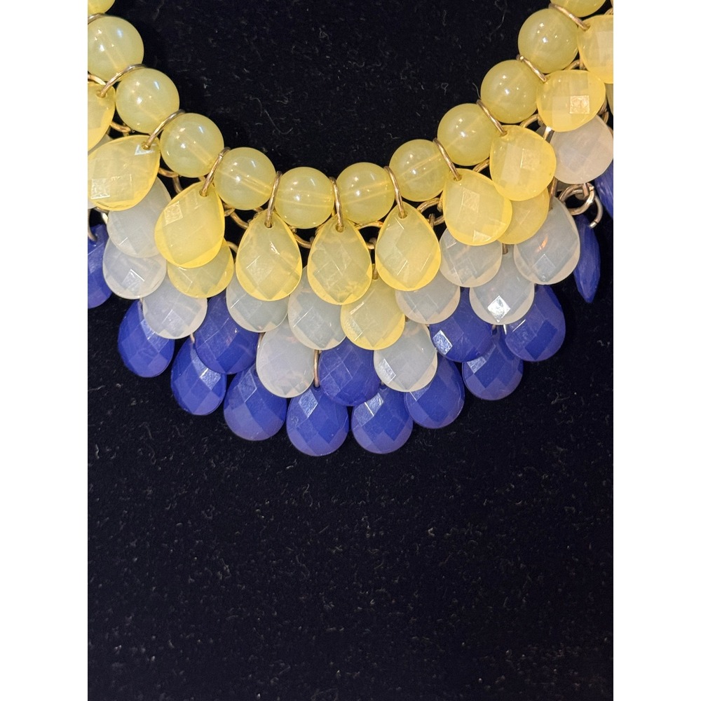 Yellow White Navy Beaded Bib Statement Necklace Gold Tone Tiered Fringe - Picture 2 of 4